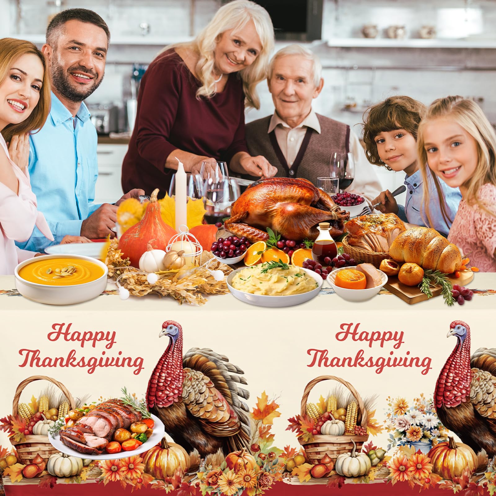 ceiba tree Thanksgiving Disposable Tablecloths Plastic Turkey Tablecloth 3 Pack Table Cloth 54x108 Inch Fall Pumpkin Vintage Traditional Turkey for Rectangle Tables Party Supplies Decorations - Image 7