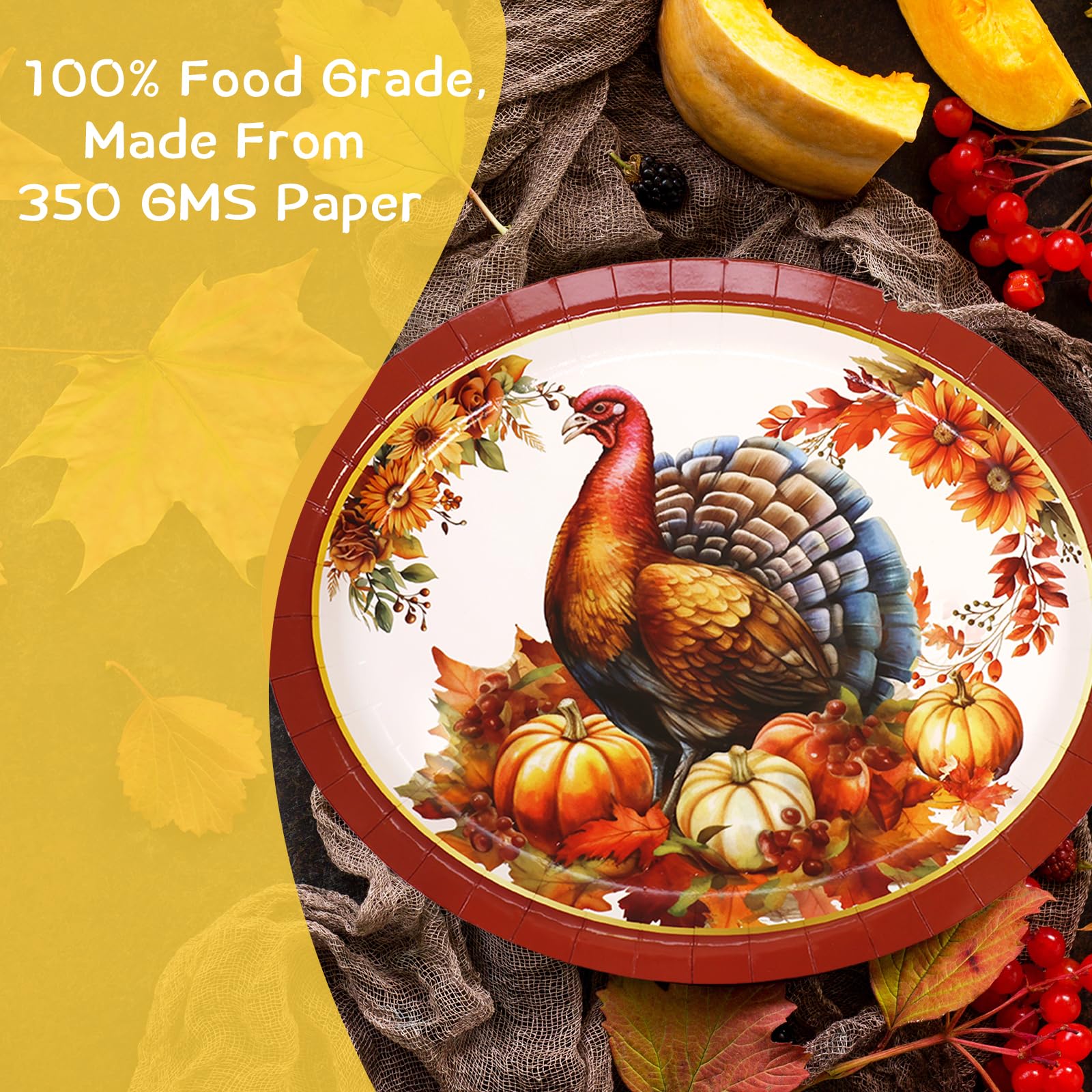 ceiba tree Thanksgiving Turkey Oval Paper Plates Disposable Heavy Duty Dinner Plates 24 PCS Fall Dinnerware Large 10 x 12 inch Traditional Vintage - Image 3