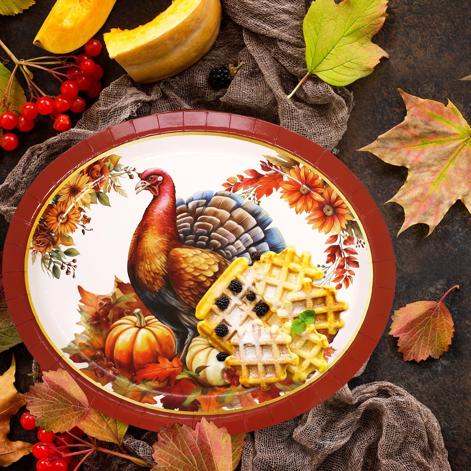 ceiba tree Thanksgiving Turkey Oval Paper Plates Disposable Heavy Duty Dinner Plates 24 PCS Fall Dinnerware Large 10 x 12 inch Traditional Vintage - Image 7