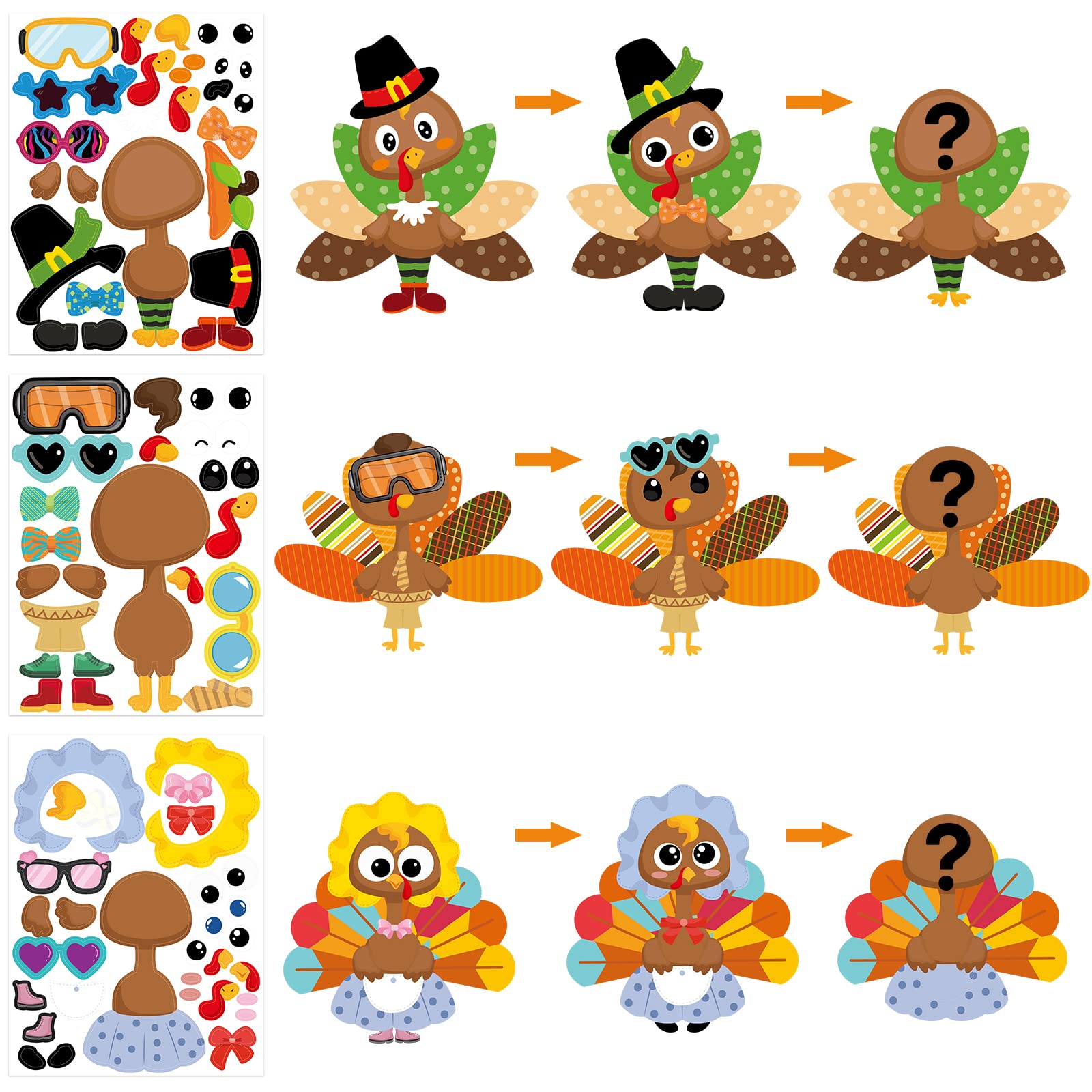 Ceiba Tree Turkey Stickers 36 Pcs Make A Turkey Face Sticker Sheets Thanksgiving Stickers Craft Kits for Kids Party Activity Games - Image 3