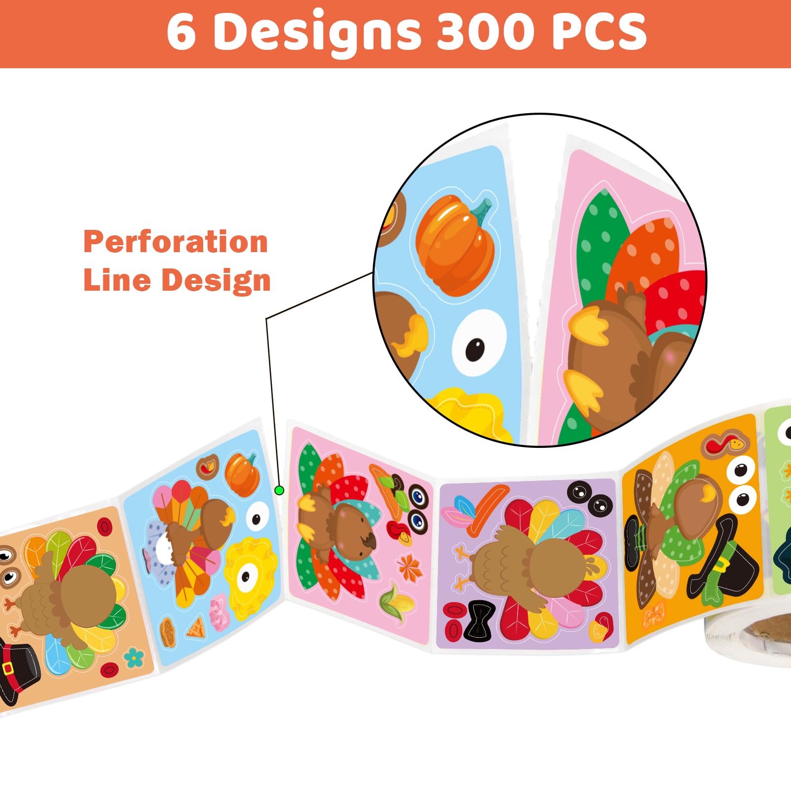 Ceiba Tree Turkey Stickers for Kids Make Your Own Turkey Sticker Thanksgiving Fall Autumn Rolled Scene Stickers 300 Pcs for Classroom Home School Party - Image 3