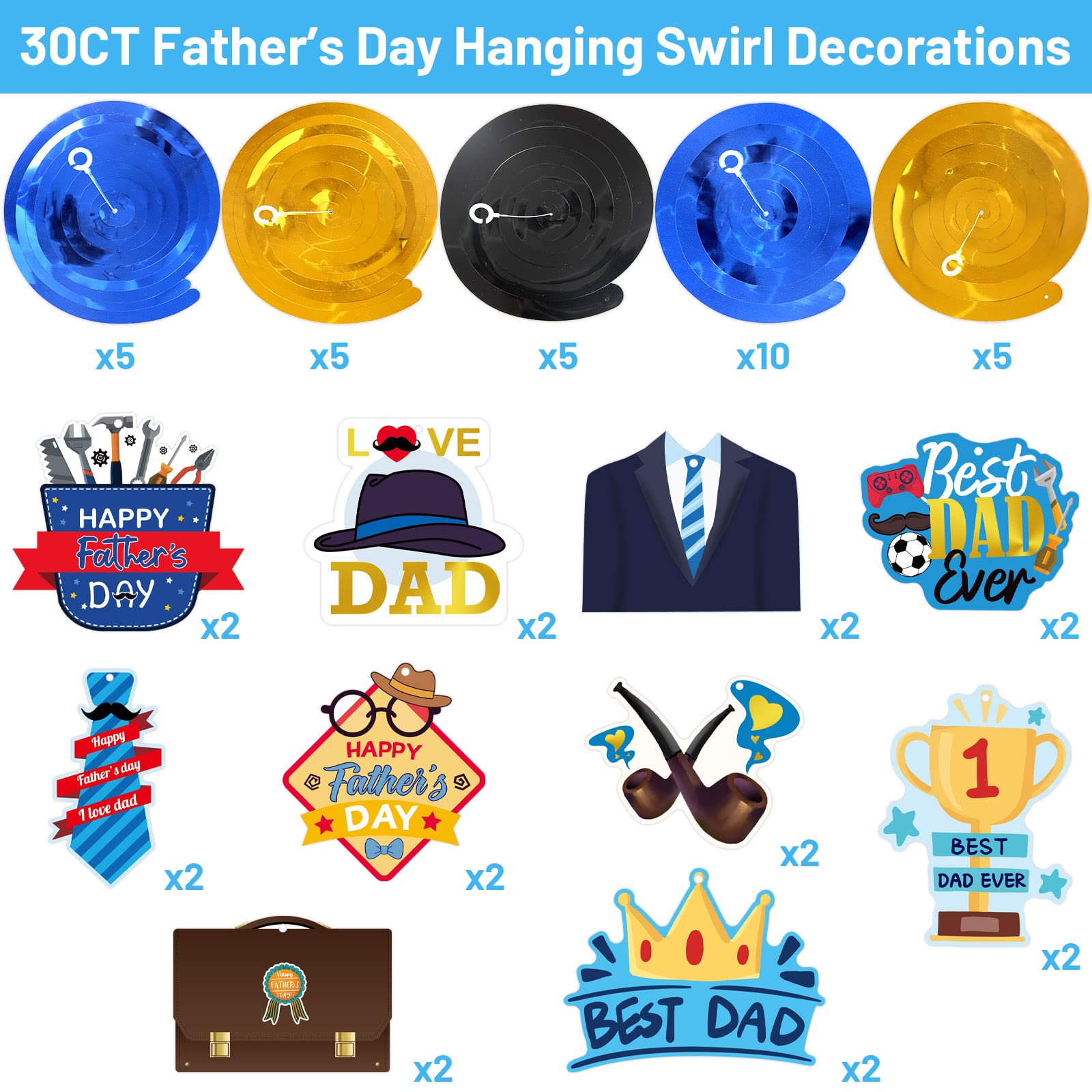 Fathers Day Decorations Hanging Swirls Double Sided Blue Gold Ceiling Banner Decor for Happy Father’s Day Birthday Party Favors Supplies - Image 4