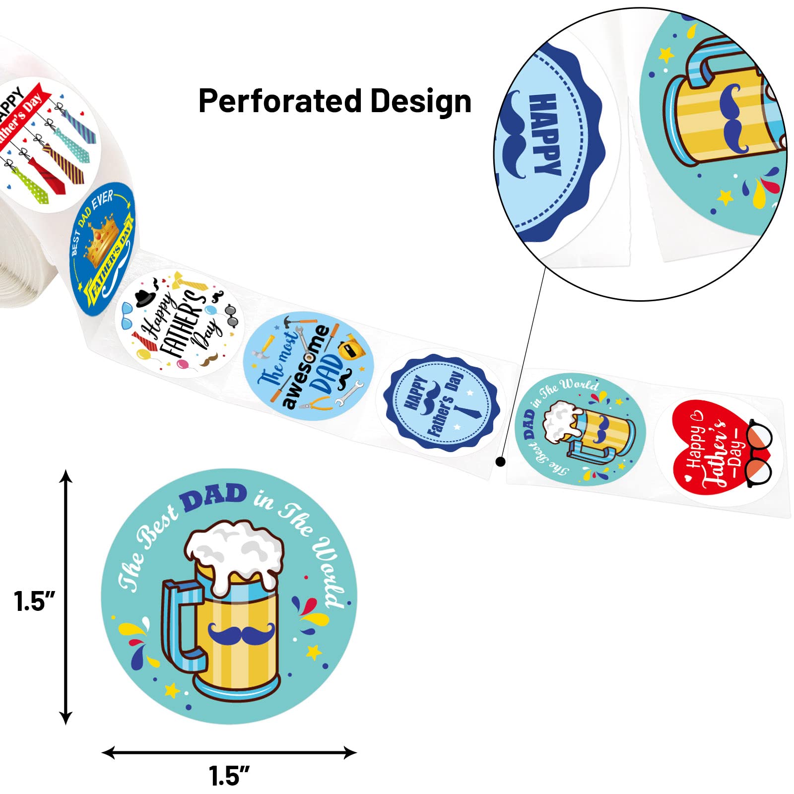 Happy Fathers Day Stickers 500 Pcs 1.5 Inches Dad Round Sticker Labels Roll for Greeting Cards Envelopes Seals Cookies Box Wrapping Decorations Father’s Day Party Decor Favor Supplies - Image 3
